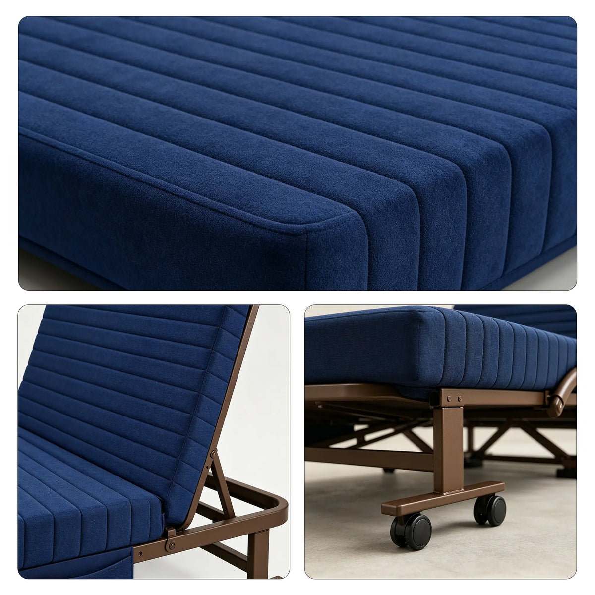 LIVARA Folding Single Bed 7cm Thick Foam Mattress, Curved Armrests & Reinforced Steel Frame - 60/90cm Rollaway Bed for Home & Office - Dark Blue