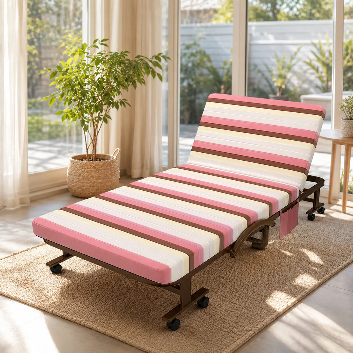 LIVARA Folding Single Bed 7cm Thick Foam Mattress, Curved Armrests & Reinforced Steel Frame - 60/90cm Rollaway Bed for Home & Office - Pink & White Stripes