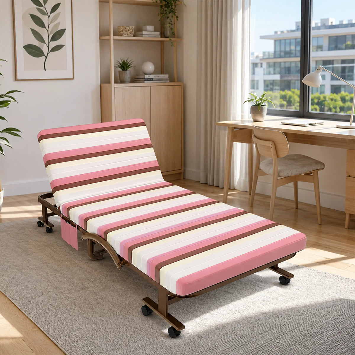 LIVARA Folding Single Bed 7cm Thick Foam Mattress, Curved Armrests & Reinforced Steel Frame - 60/90cm Rollaway Bed for Home & Office - Pink & White Stripes