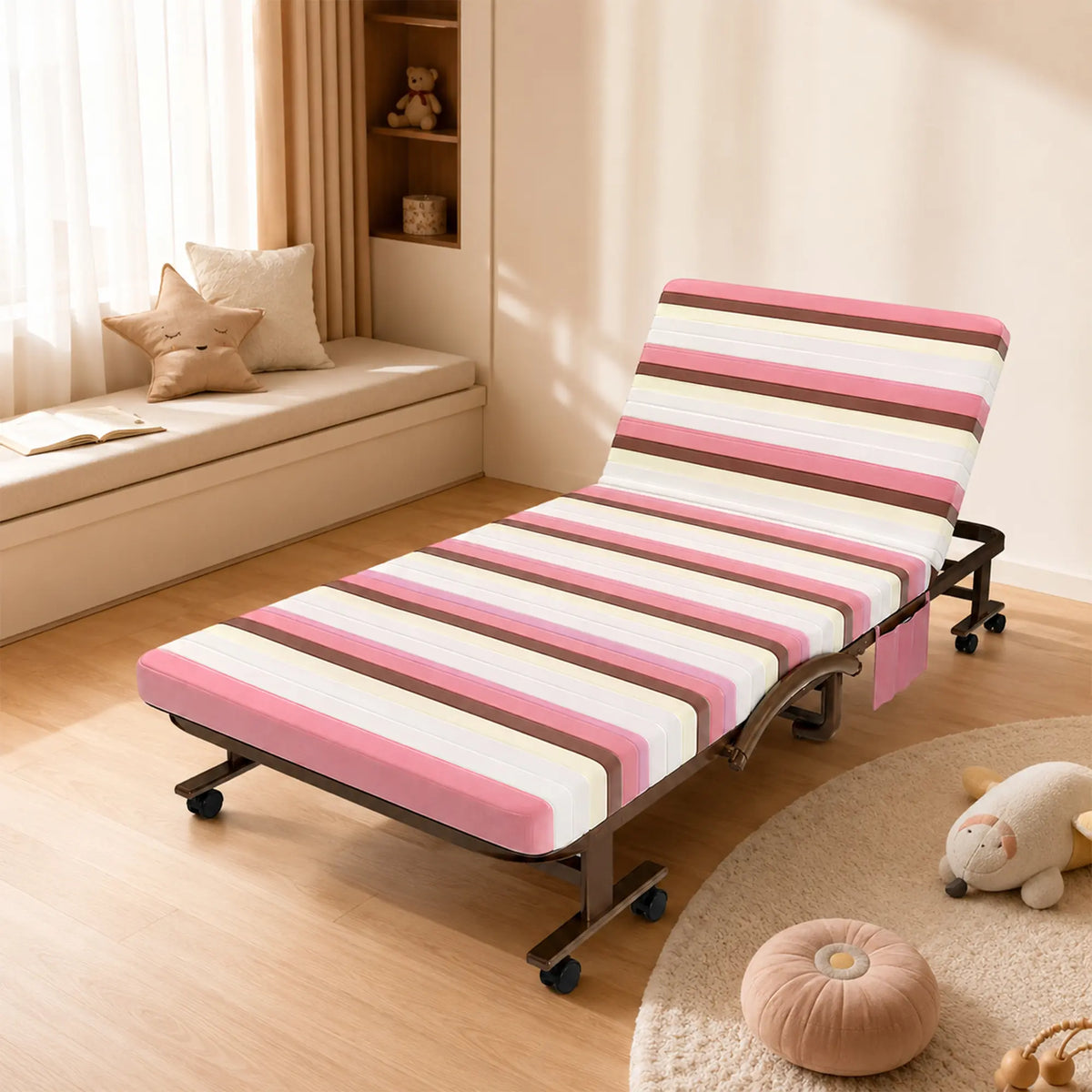 LIVARA Folding Single Bed 7cm Thick Foam Mattress, Curved Armrests & Reinforced Steel Frame - 60/90cm Rollaway Bed for Home & Office - Pink & White Stripes