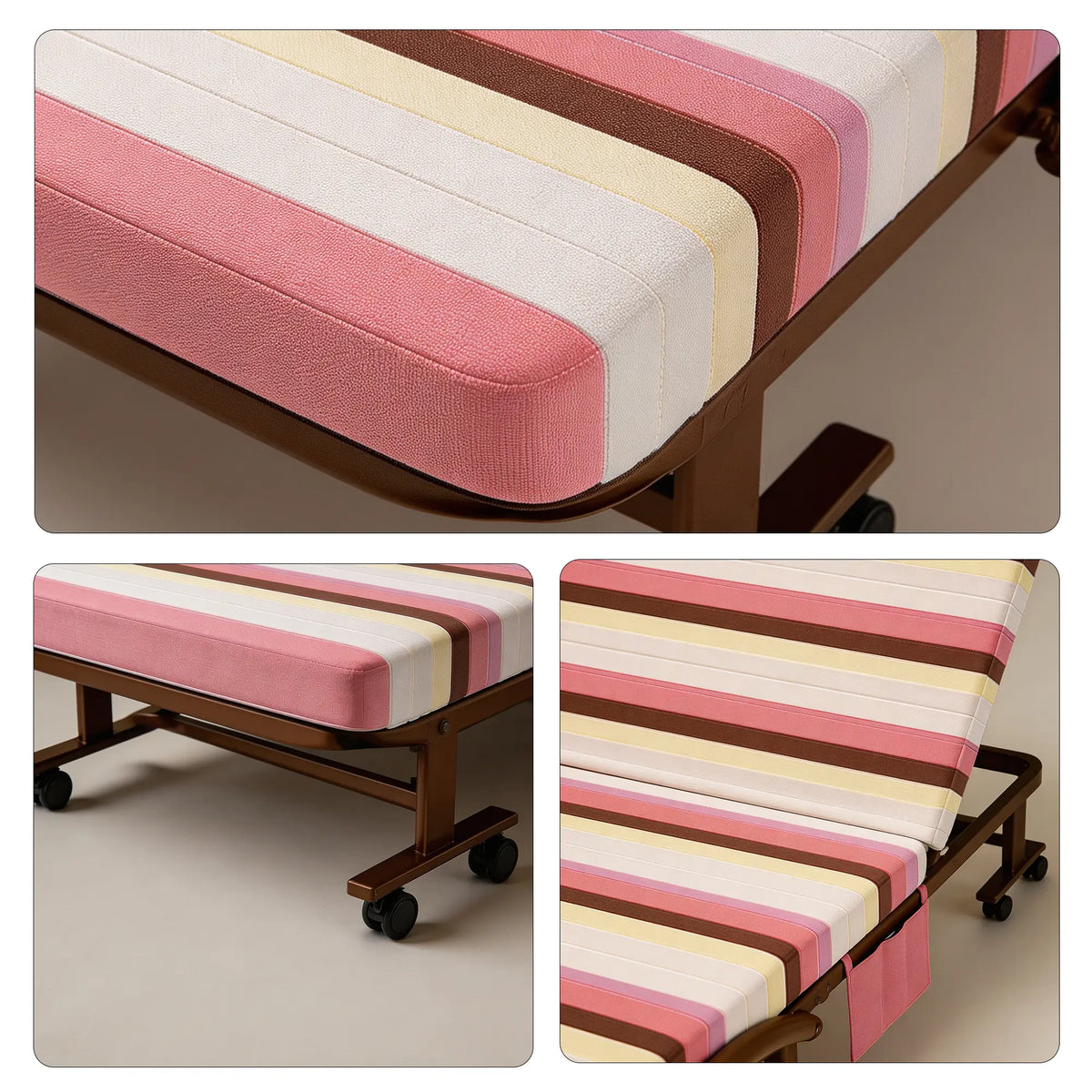 LIVARA Folding Single Bed 7cm Thick Foam Mattress, Curved Armrests & Reinforced Steel Frame - 60/90cm Rollaway Bed for Home & Office - Pink & White Stripes