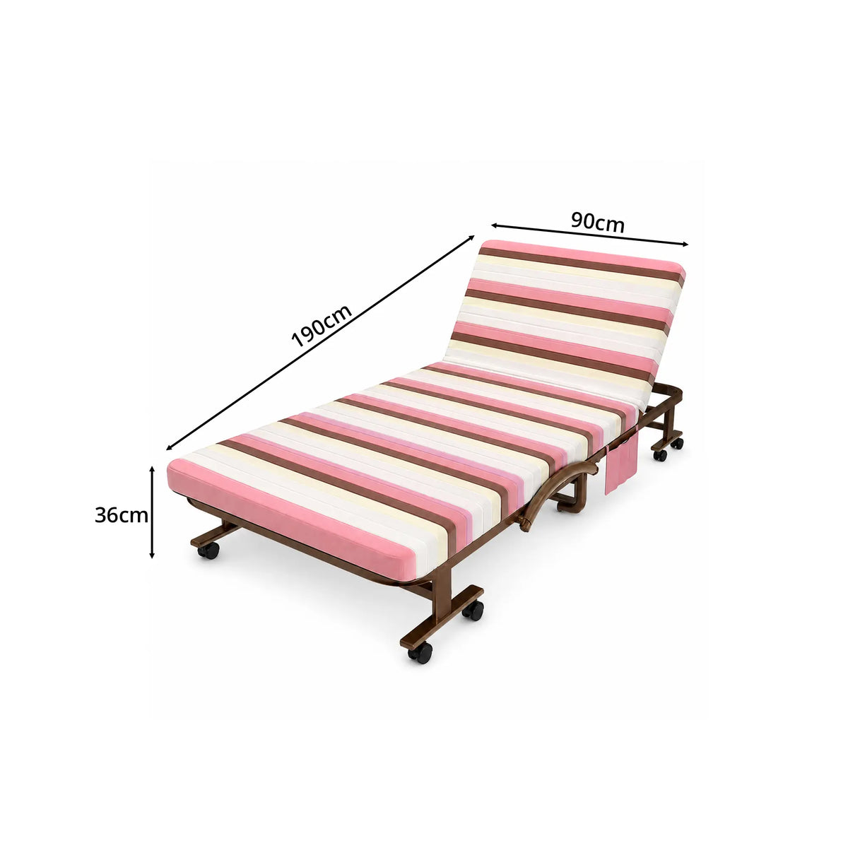LIVARA Folding Single Bed 7cm Thick Foam Mattress, Curved Armrests & Reinforced Steel Frame - 60/90cm Rollaway Bed for Home & Office - Pink & White Stripes