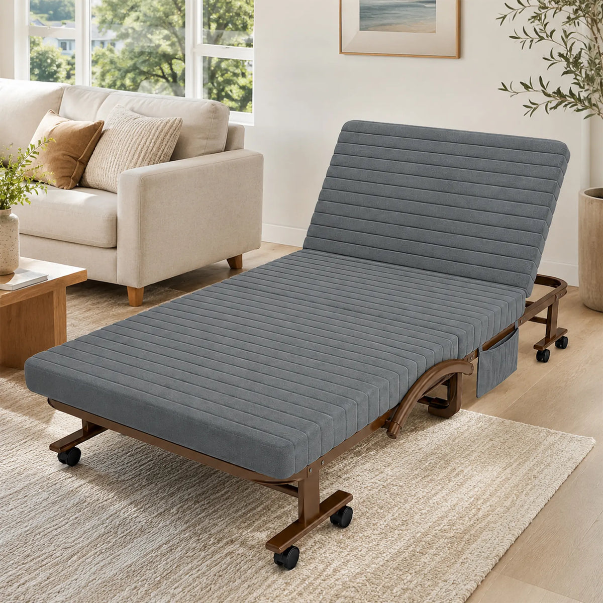 LIVARA Folding Single Bed 7cm Thick Foam Mattress, Curved Armrests & Reinforced Steel Frame - 60/90cm Rollaway Bed for Home & Office - Grey