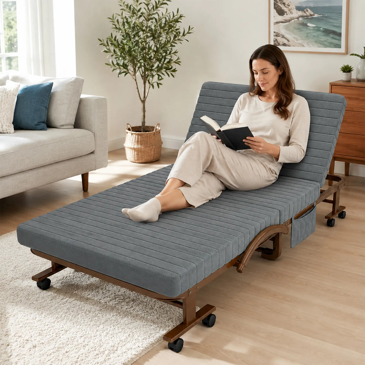 LIVARA Folding Single Bed 7cm Thick Foam Mattress, Curved Armrests & Reinforced Steel Frame - 60/90cm Rollaway Bed for Home & Office - Grey