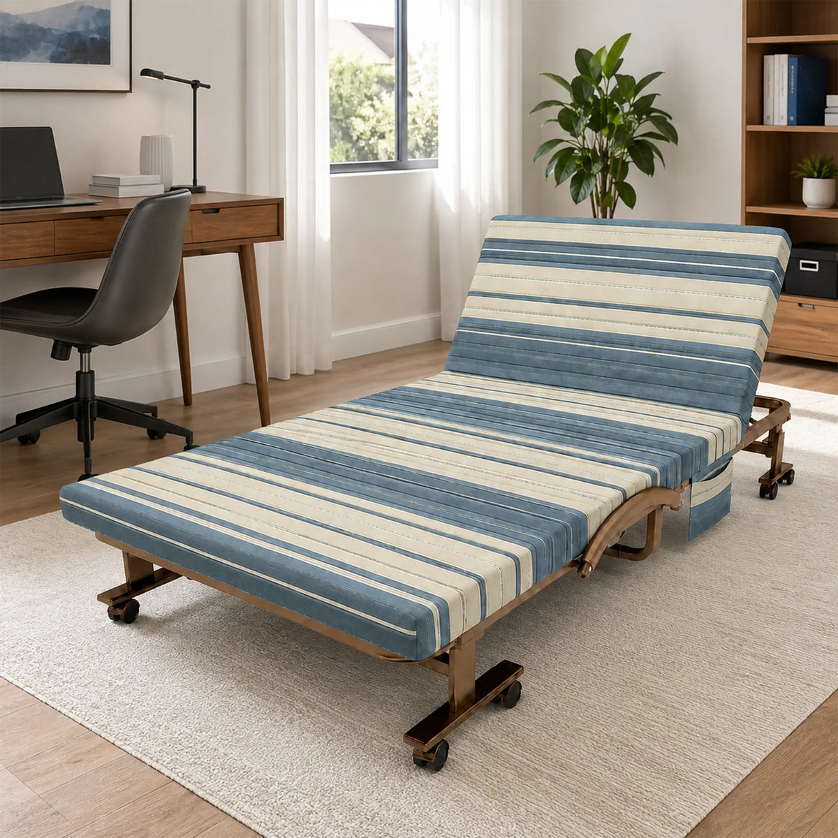 LIVARA Folding Single Bed 7cm Thick Foam Mattress, Curved Armrests & Reinforced Steel Frame - 60/90cm Rollaway Bed for Home & Office - Grey & White Stripes