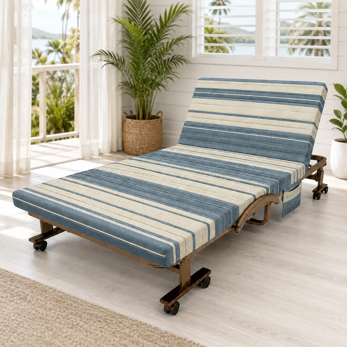 LIVARA Folding Single Bed 7cm Thick Foam Mattress, Curved Armrests & Reinforced Steel Frame - 60/90cm Rollaway Bed for Home & Office - Grey & White Stripes