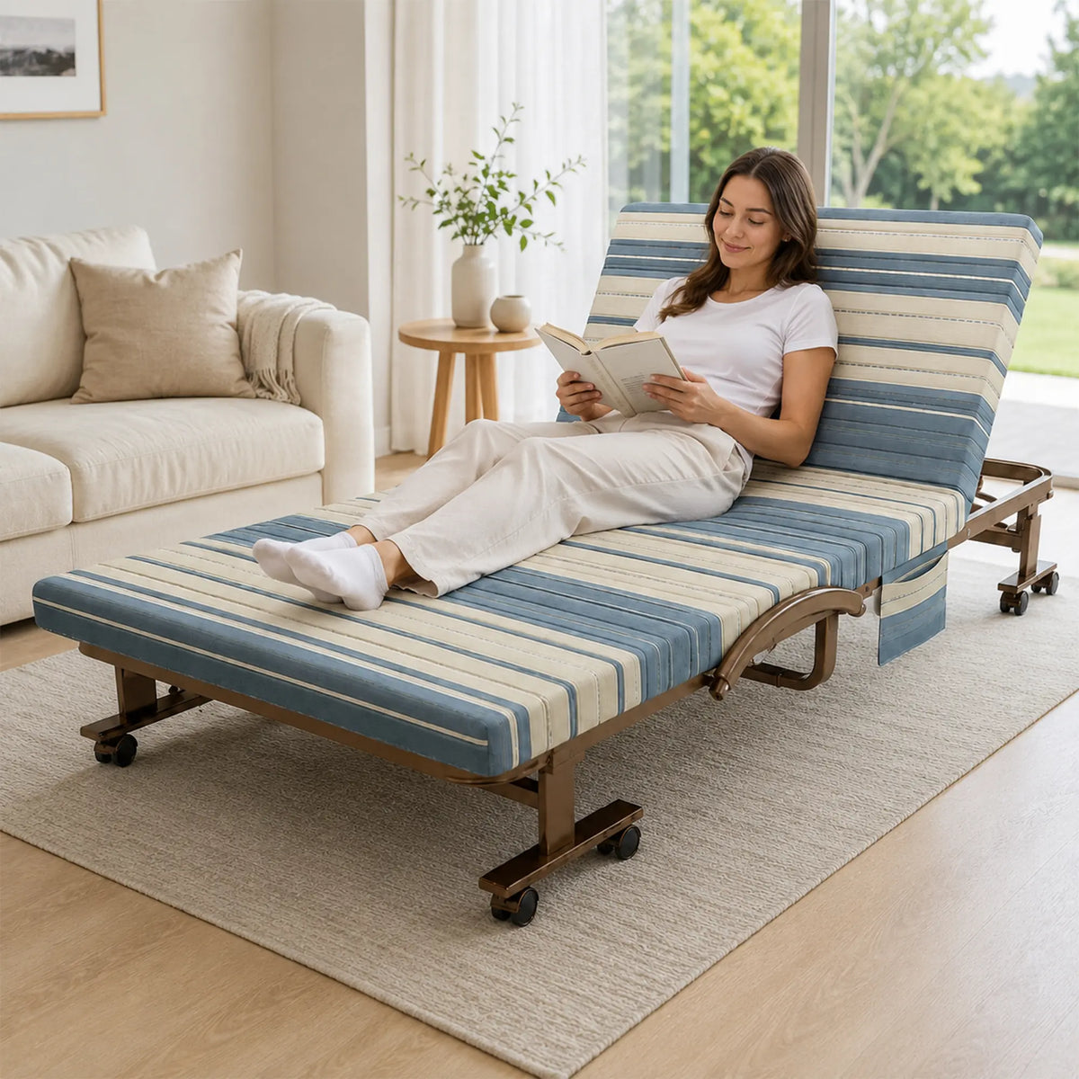 LIVARA Folding Single Bed 7cm Thick Foam Mattress, Curved Armrests & Reinforced Steel Frame - 60/90cm Rollaway Bed for Home & Office - Grey & White Stripes