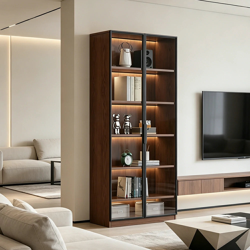 LIVARA 60/80cm Double Door Display Cabinet - Tempered Glass Storage with LED Lighting Slim Design for Living Room - Walnut
