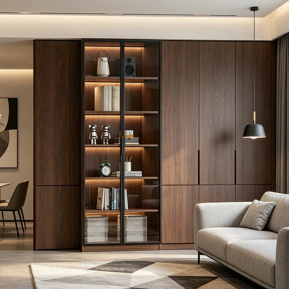 LIVARA 60/80cm Double Door Display Cabinet - Tempered Glass Storage with LED Lighting Slim Design for Living Room - Walnut