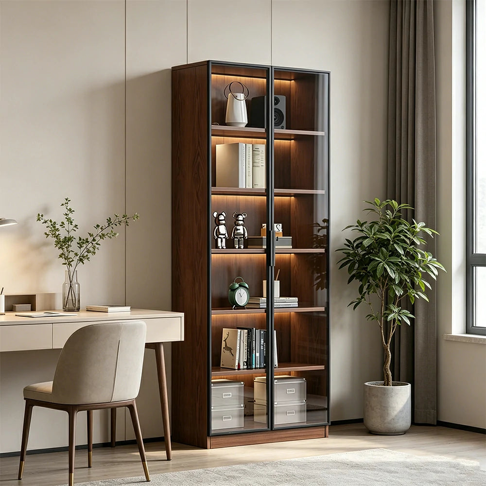 LIVARA 60/80cm Double Door Display Cabinet - Tempered Glass Storage with LED Lighting Slim Design for Living Room - Walnut