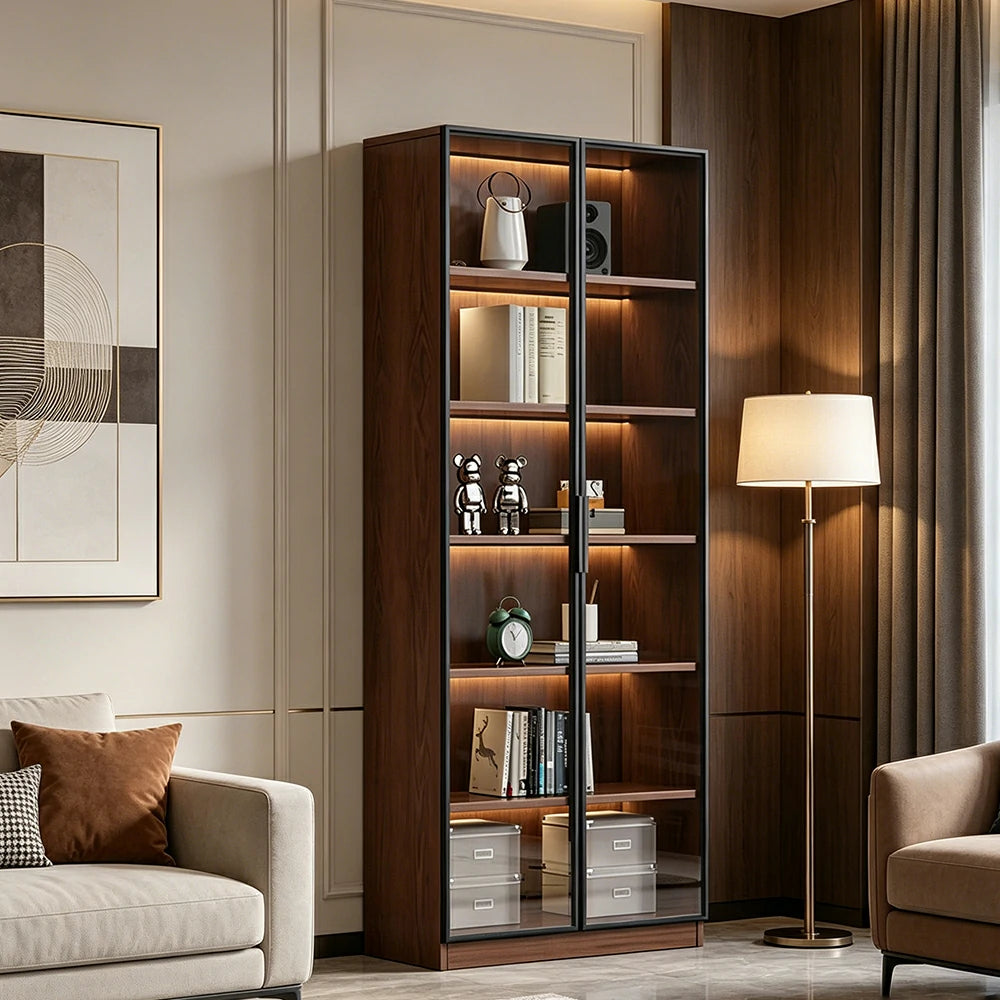 LIVARA 60/80cm Double Door Display Cabinet - Tempered Glass Storage with LED Lighting Slim Design for Living Room - Walnut