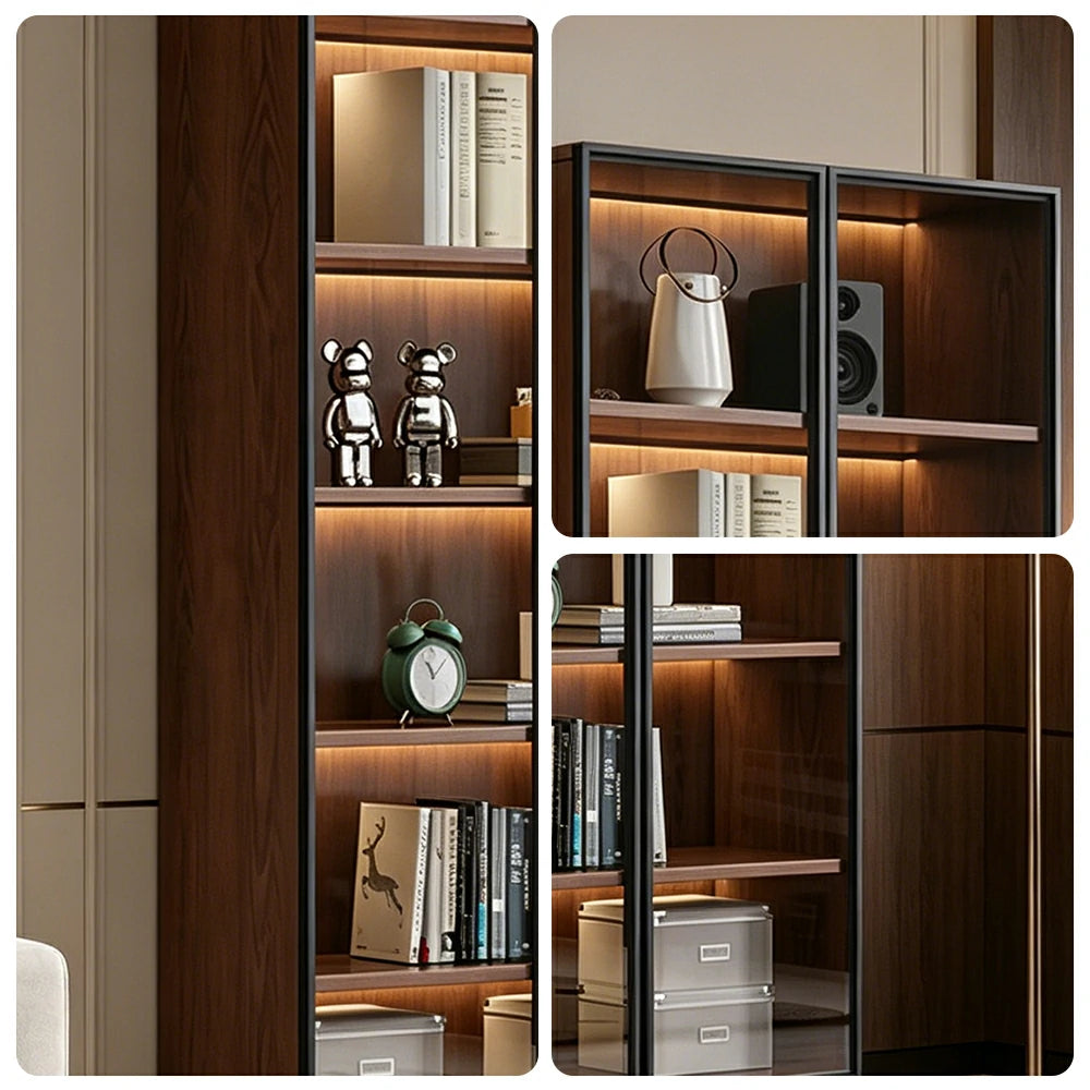 LIVARA 60/80cm Double Door Display Cabinet - Tempered Glass Storage with LED Lighting Slim Design for Living Room - Walnut