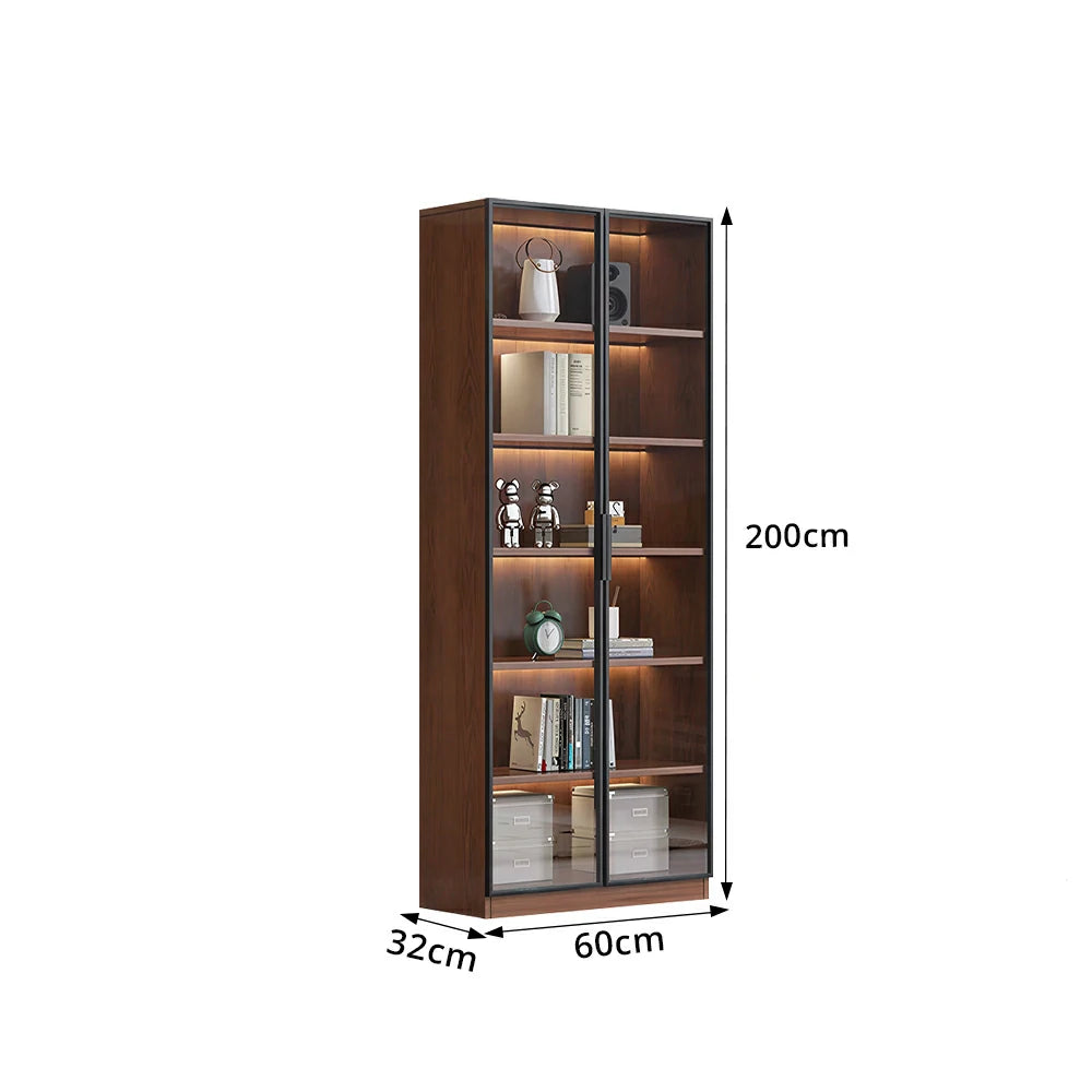 LIVARA 60/80cm Double Door Display Cabinet - Tempered Glass Storage with LED Lighting Slim Design for Living Room - Walnut