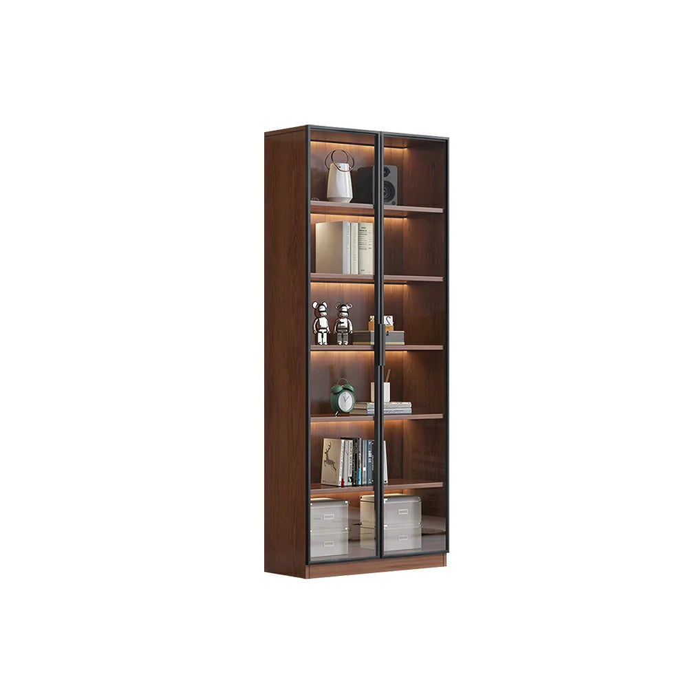 LIVARA 60/80cm Double Door Display Cabinet - Tempered Glass Storage with LED Lighting Slim Design for Living Room - Walnut