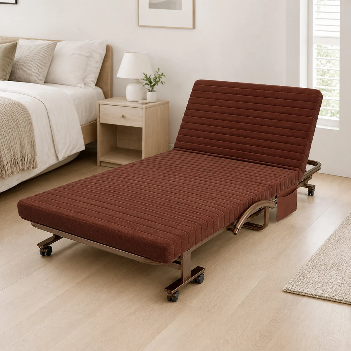 LIVARA Folding Single Bed 7cm Thick Foam Mattress, Curved Armrests & Reinforced Steel Frame - 60/90cm Rollaway Bed for Home & Office - Coffee
