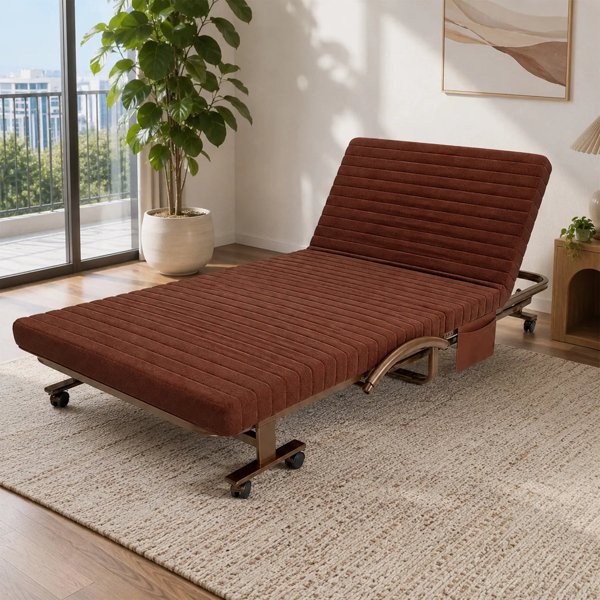 LIVARA Folding Single Bed 7cm Thick Foam Mattress, Curved Armrests & Reinforced Steel Frame - 60/90cm Rollaway Bed for Home & Office - Coffee
