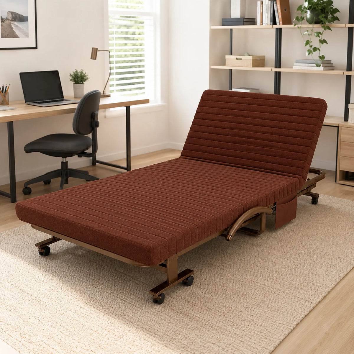 LIVARA Folding Single Bed 7cm Thick Foam Mattress, Curved Armrests & Reinforced Steel Frame - 60/90cm Rollaway Bed for Home & Office - Coffee