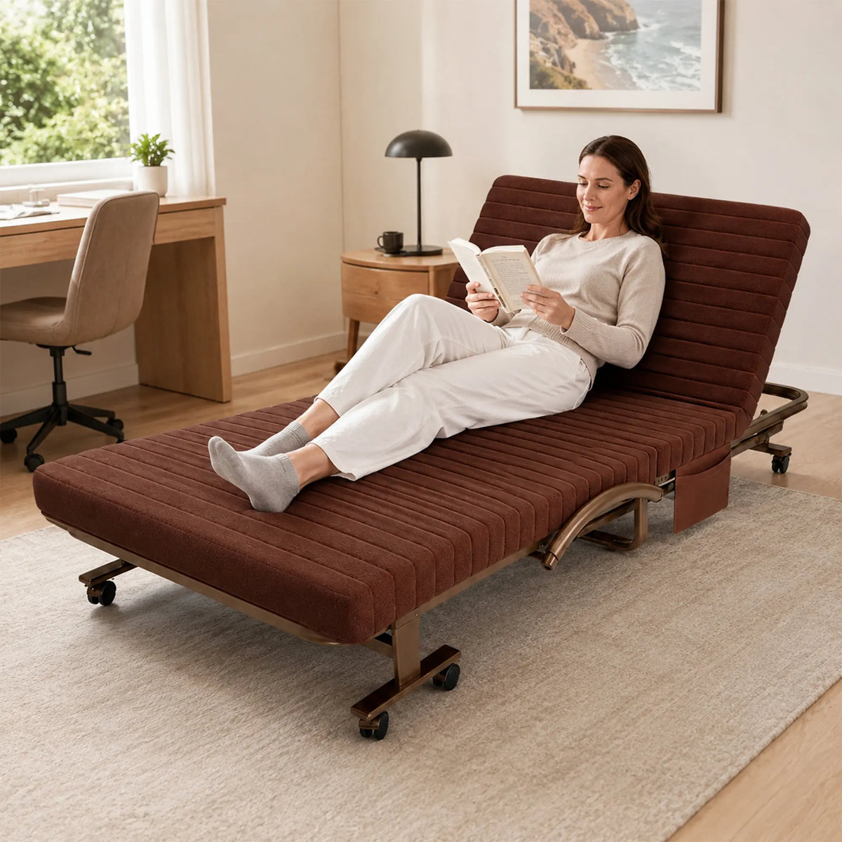 LIVARA Folding Single Bed 7cm Thick Foam Mattress, Curved Armrests & Reinforced Steel Frame - 60/90cm Rollaway Bed for Home & Office - Coffee