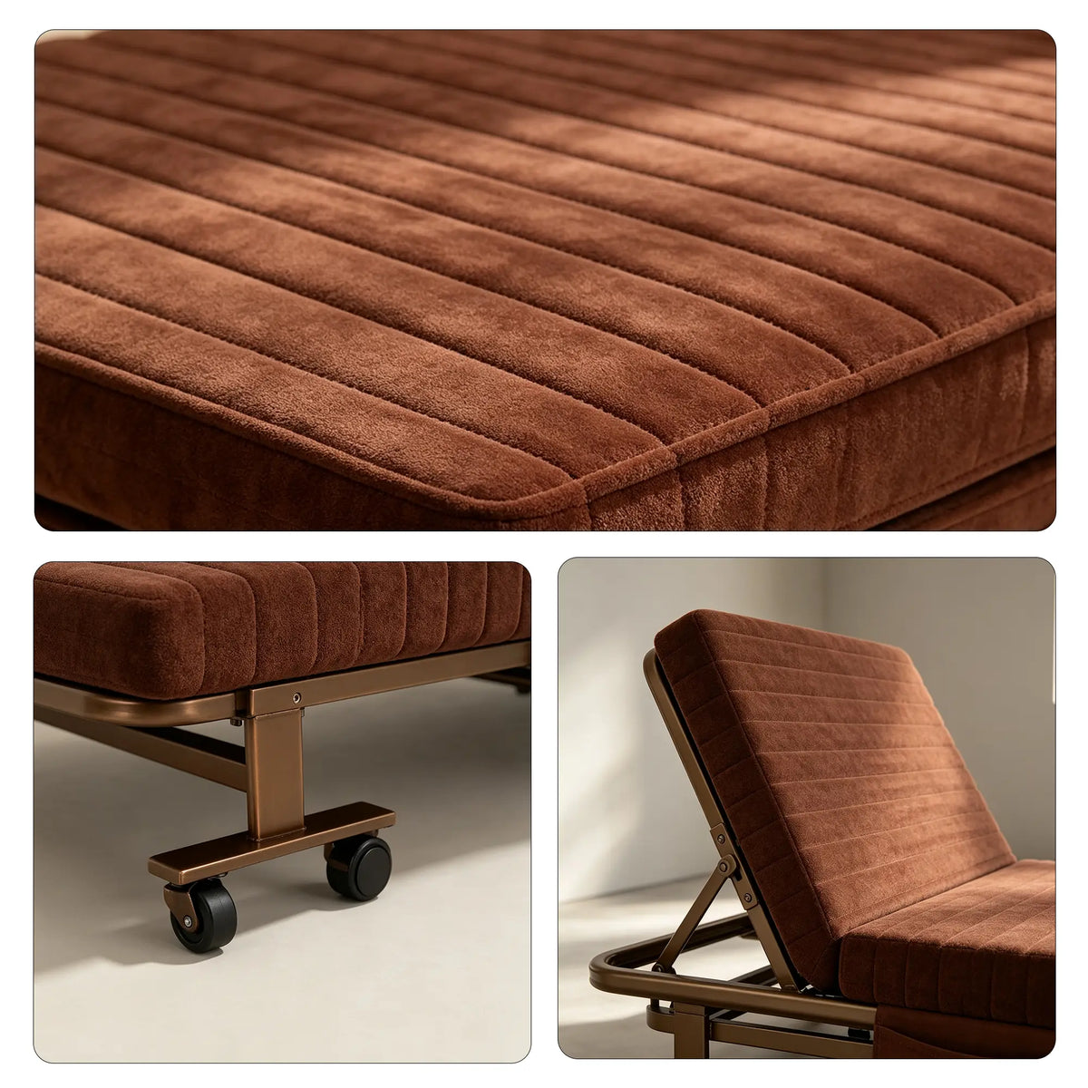 LIVARA Folding Single Bed 7cm Thick Foam Mattress, Curved Armrests & Reinforced Steel Frame - 60/90cm Rollaway Bed for Home & Office - Coffee