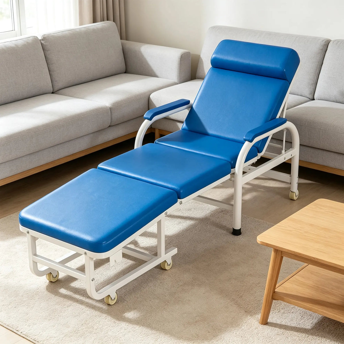 LIVARA 3-in-1 Folding Chair Bed - Convertible Recliner with Foam Padding, Reinforced Steel Frame & Wheels - 186cm for Home & Hospital - Sky Blue
