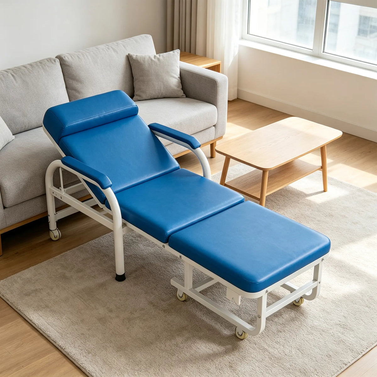 LIVARA 3-in-1 Folding Chair Bed - Convertible Recliner with Foam Padding, Reinforced Steel Frame & Wheels - 186cm for Home & Hospital - Sky Blue