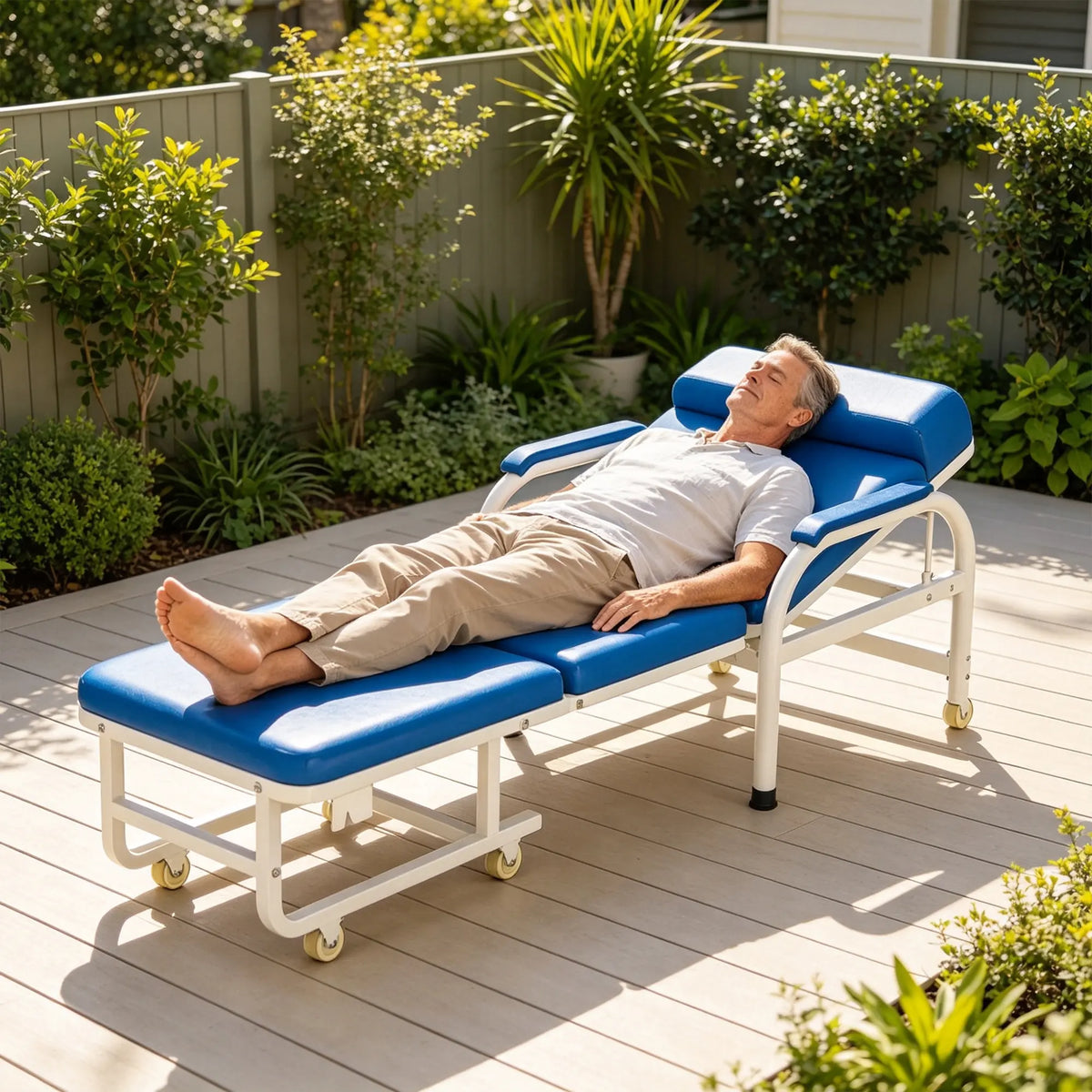 LIVARA 3-in-1 Folding Chair Bed - Convertible Recliner with Foam Padding, Reinforced Steel Frame & Wheels - 186cm for Home & Hospital - Sky Blue