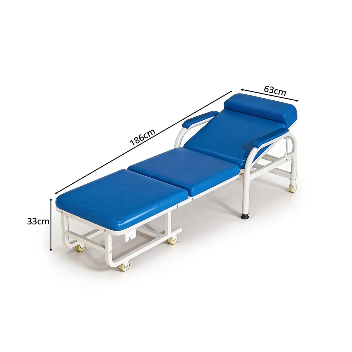 LIVARA 3-in-1 Folding Chair Bed - Convertible Recliner with Foam Padding, Reinforced Steel Frame & Wheels - 186cm for Home & Hospital - Sky Blue