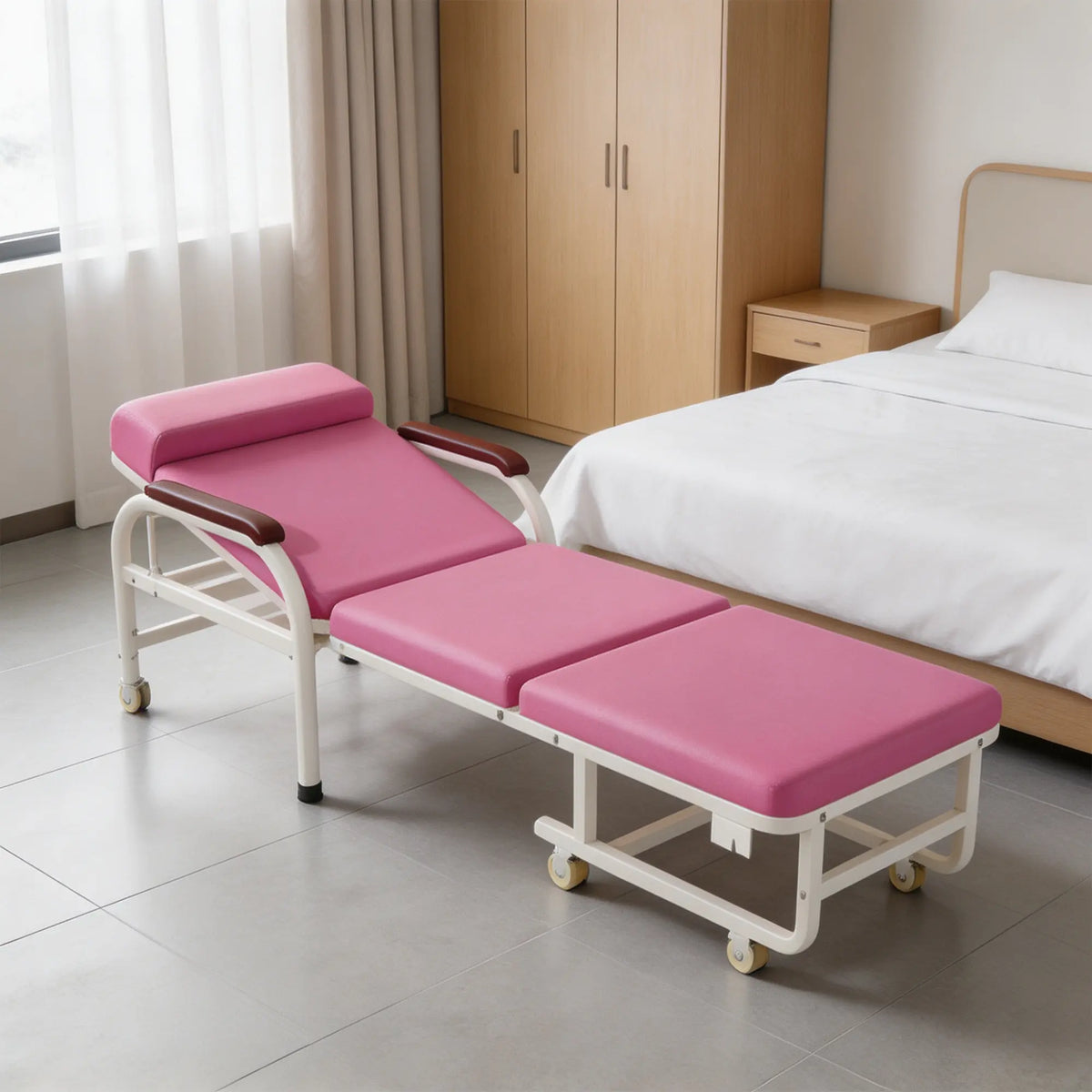 LIVARA 3-in-1 Folding Chair Bed - Convertible Recliner with Foam Padding, Reinforced Steel Frame & Wheels - 186cm for Home & Hospital - Pink