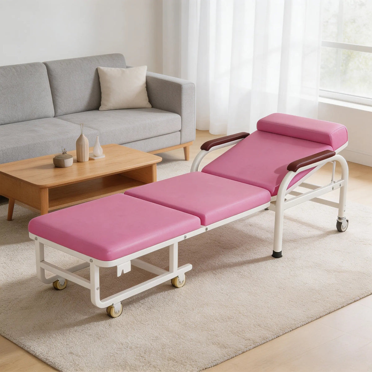 LIVARA 3-in-1 Folding Chair Bed - Convertible Recliner with Foam Padding, Reinforced Steel Frame & Wheels - 186cm for Home & Hospital - Pink