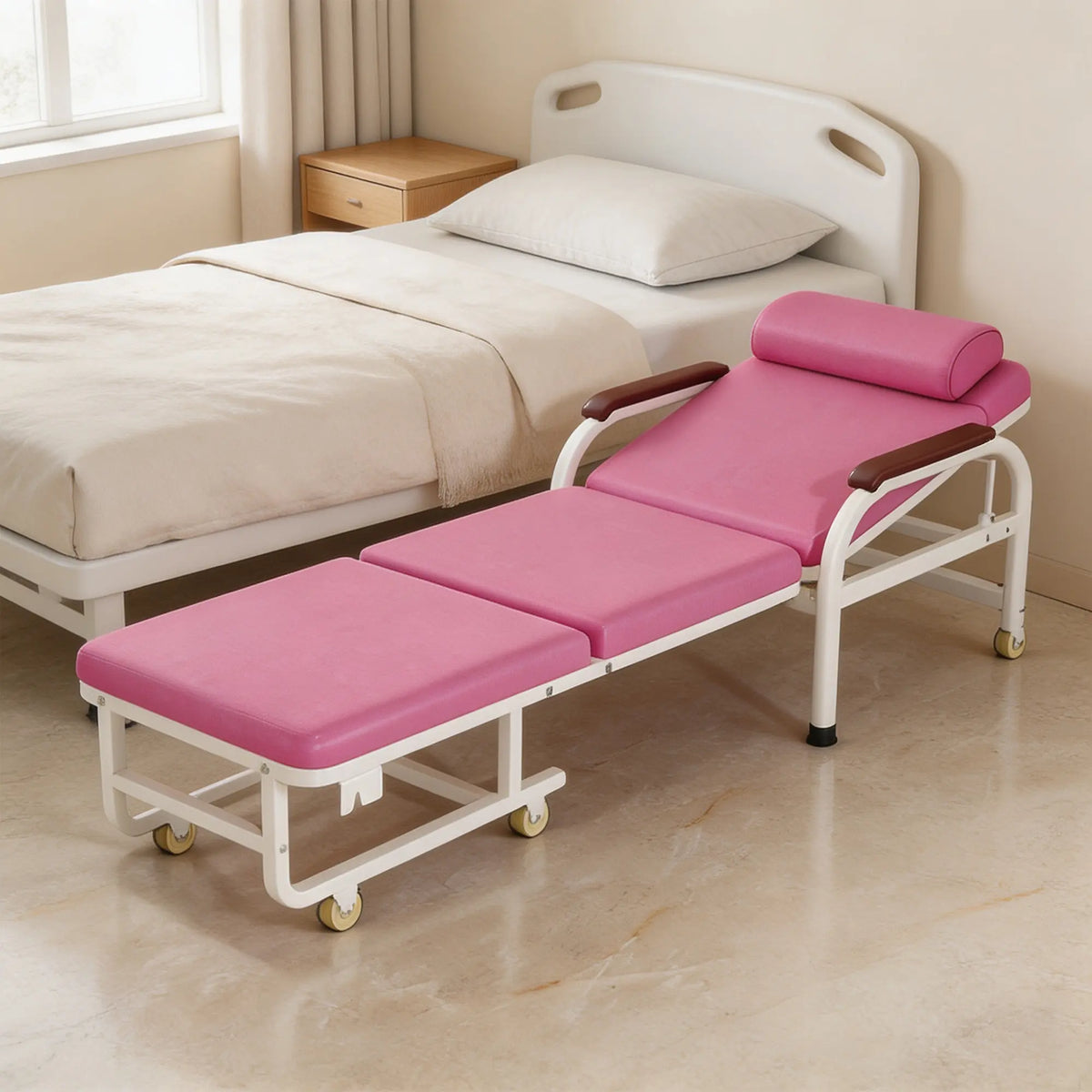 LIVARA 3-in-1 Folding Chair Bed - Convertible Recliner with Foam Padding, Reinforced Steel Frame & Wheels - 186cm for Home & Hospital - Pink