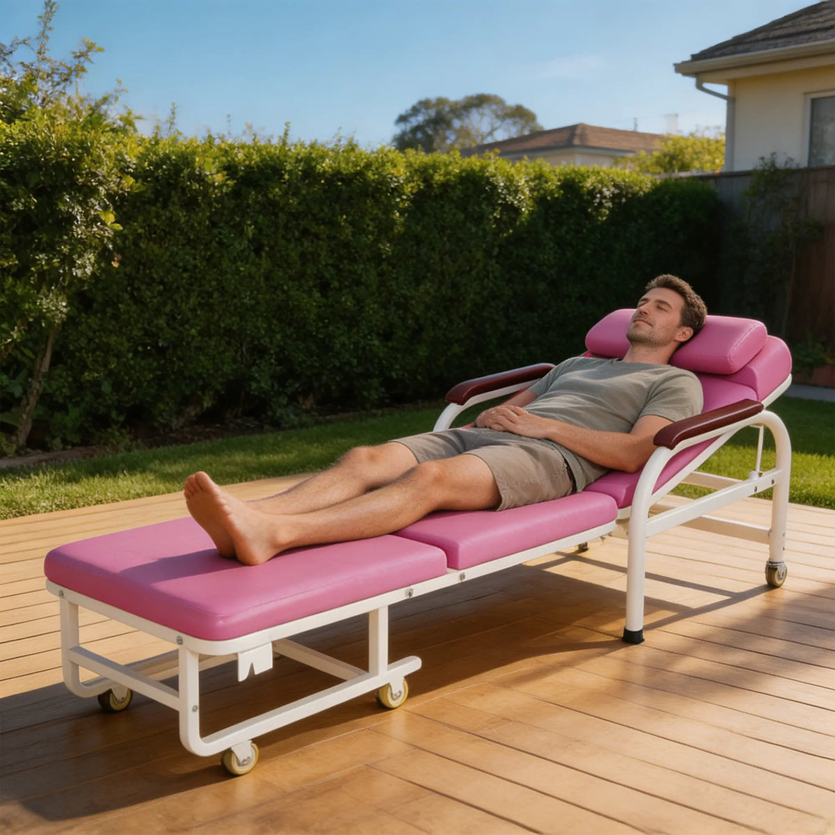 LIVARA 3-in-1 Folding Chair Bed - Convertible Recliner with Foam Padding, Reinforced Steel Frame & Wheels - 186cm for Home & Hospital - Pink