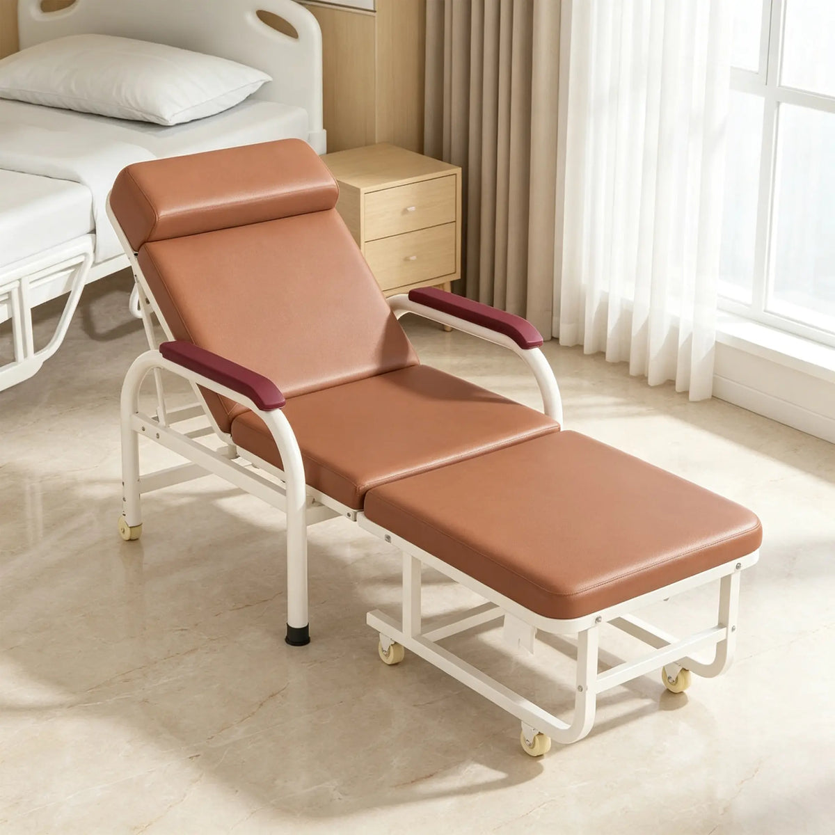 LIVARA 3-in-1 Folding Chair Bed - Convertible Recliner with Foam Padding, Reinforced Steel Frame & Wheels - 186cm for Home & Hospital - Brown