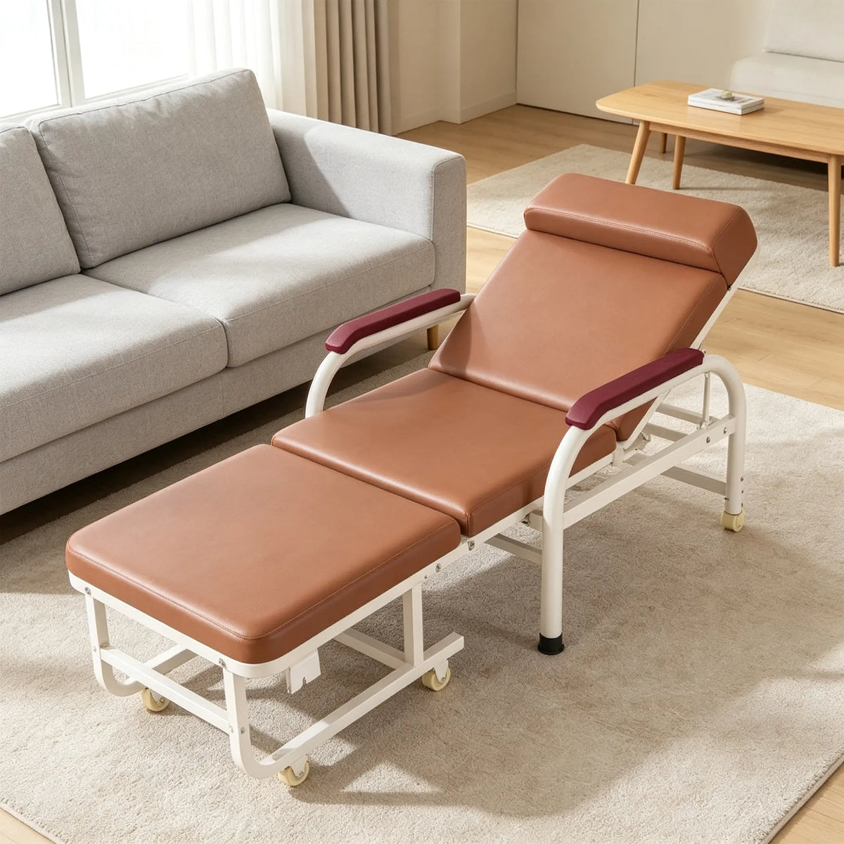 LIVARA 3-in-1 Folding Chair Bed - Convertible Recliner with Foam Padding, Reinforced Steel Frame & Wheels - 186cm for Home & Hospital - Brown