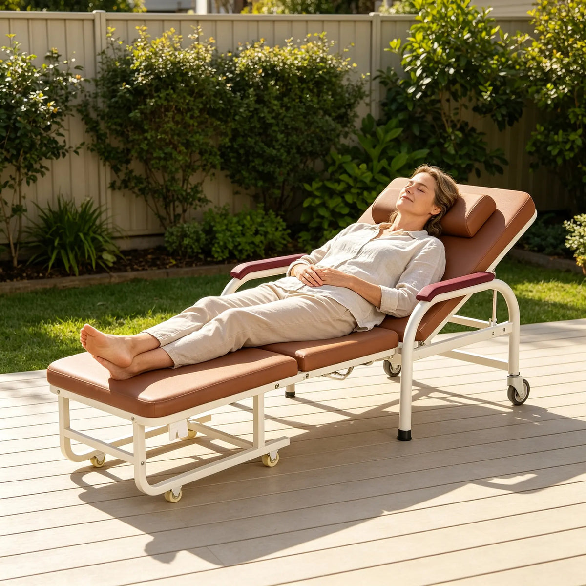LIVARA 3-in-1 Folding Chair Bed - Convertible Recliner with Foam Padding, Reinforced Steel Frame & Wheels - 186cm for Home & Hospital - Brown