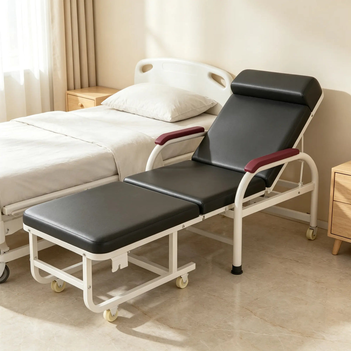 LIVARA 3-in-1 Folding Chair Bed - Convertible Recliner with Foam Padding, Reinforced Steel Frame & Wheels - 186cm for Home & Hospital - Black