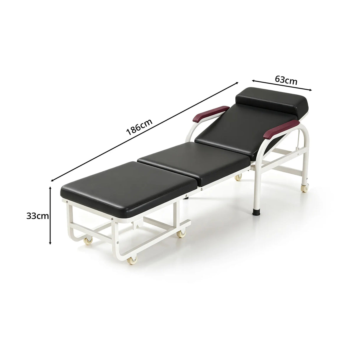 LIVARA 3-in-1 Folding Chair Bed - Convertible Recliner with Foam Padding, Reinforced Steel Frame & Wheels - 186cm for Home & Hospital - Black