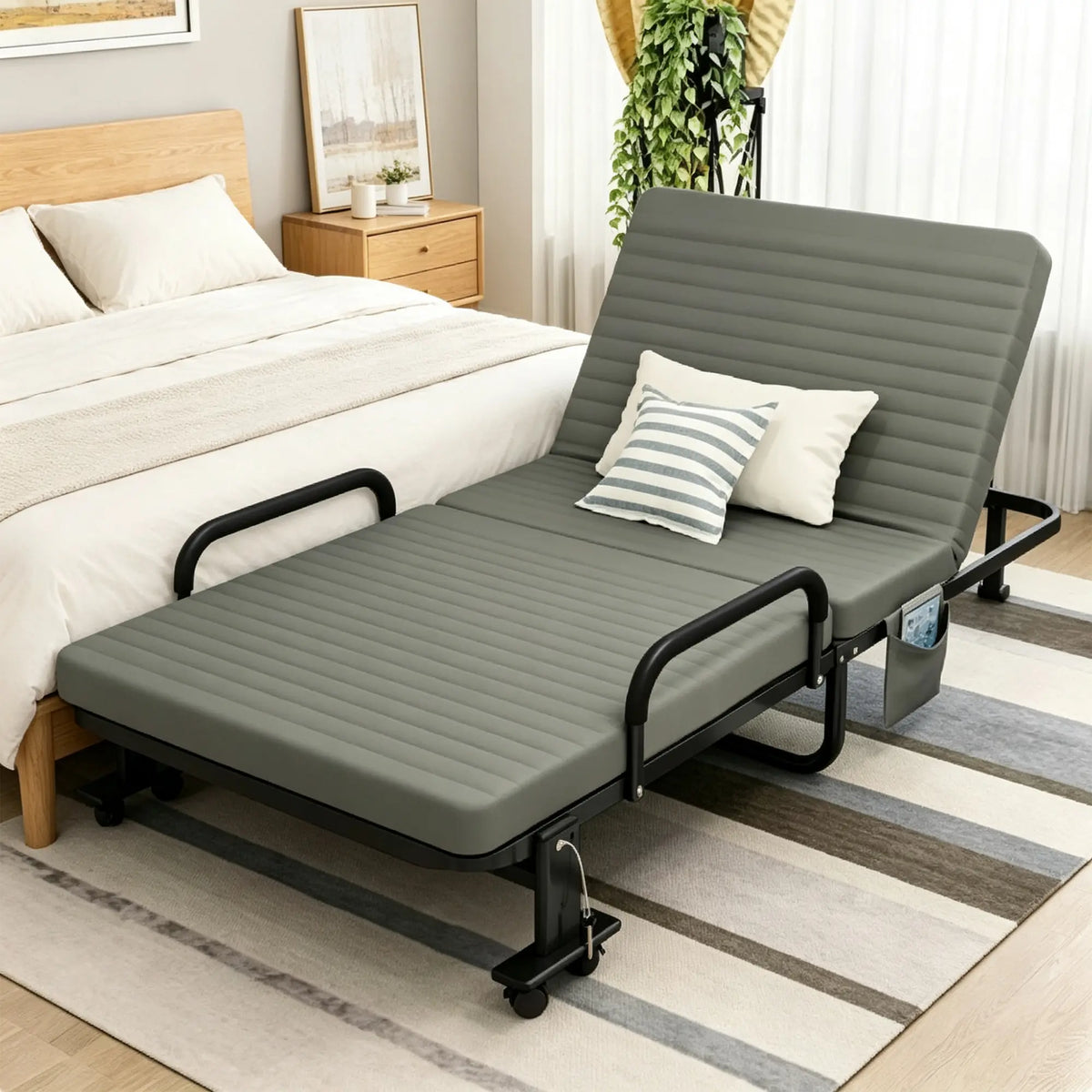 LIVARA Folding Single Bed Multi-Angle Adjustable Backrest, High-Resilience Foam & Steel Frame with Armrests - 192x90cm for Home & Office - Smoky Grey