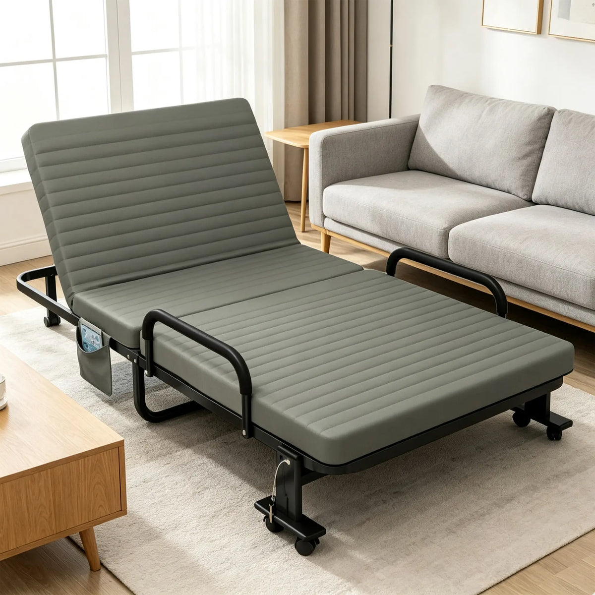 LIVARA Folding Single Bed Multi-Angle Adjustable Backrest, High-Resilience Foam & Steel Frame with Armrests - 192x90cm for Home & Office - Smoky Grey