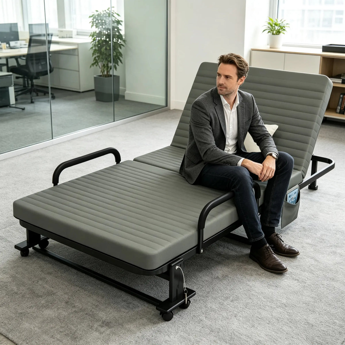 LIVARA Folding Single Bed Multi-Angle Adjustable Backrest, High-Resilience Foam & Steel Frame with Armrests - 192x90cm for Home & Office - Smoky Grey