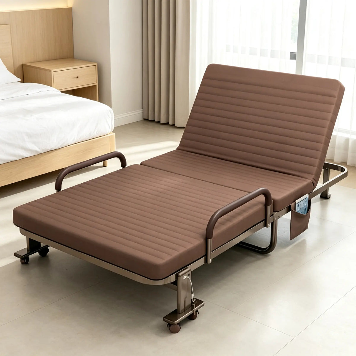 LIVARA Folding Single Bed Multi-Angle Adjustable Backrest, High-Resilience Foam & Steel Frame with Armrests - 192x90cm for Home & Office - Coffee