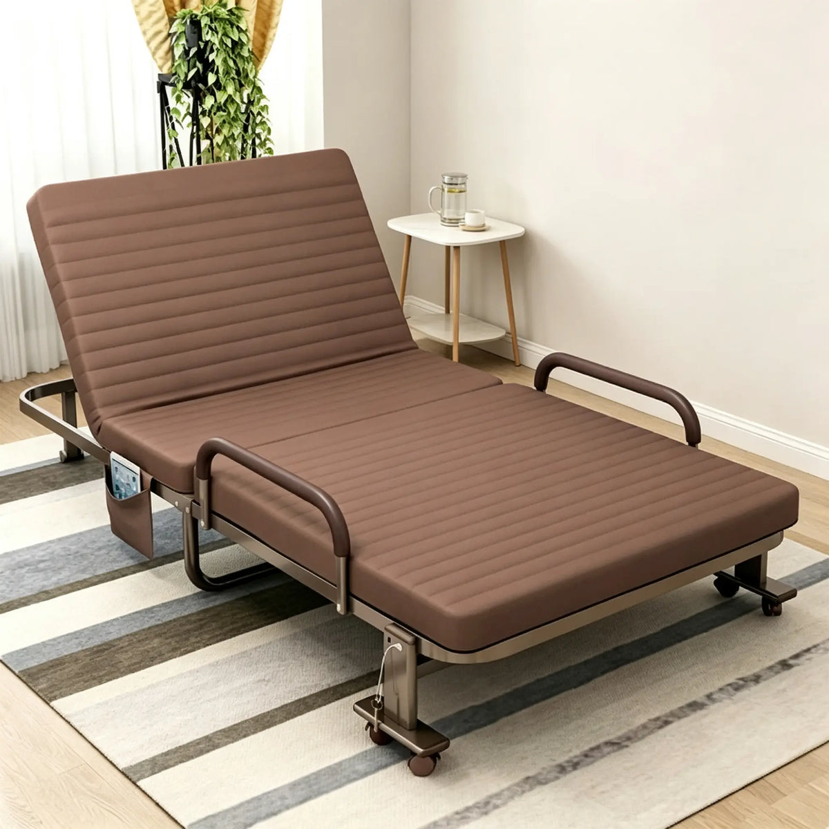 LIVARA Folding Single Bed Multi-Angle Adjustable Backrest, High-Resilience Foam & Steel Frame with Armrests - 192x90cm for Home & Office - Coffee