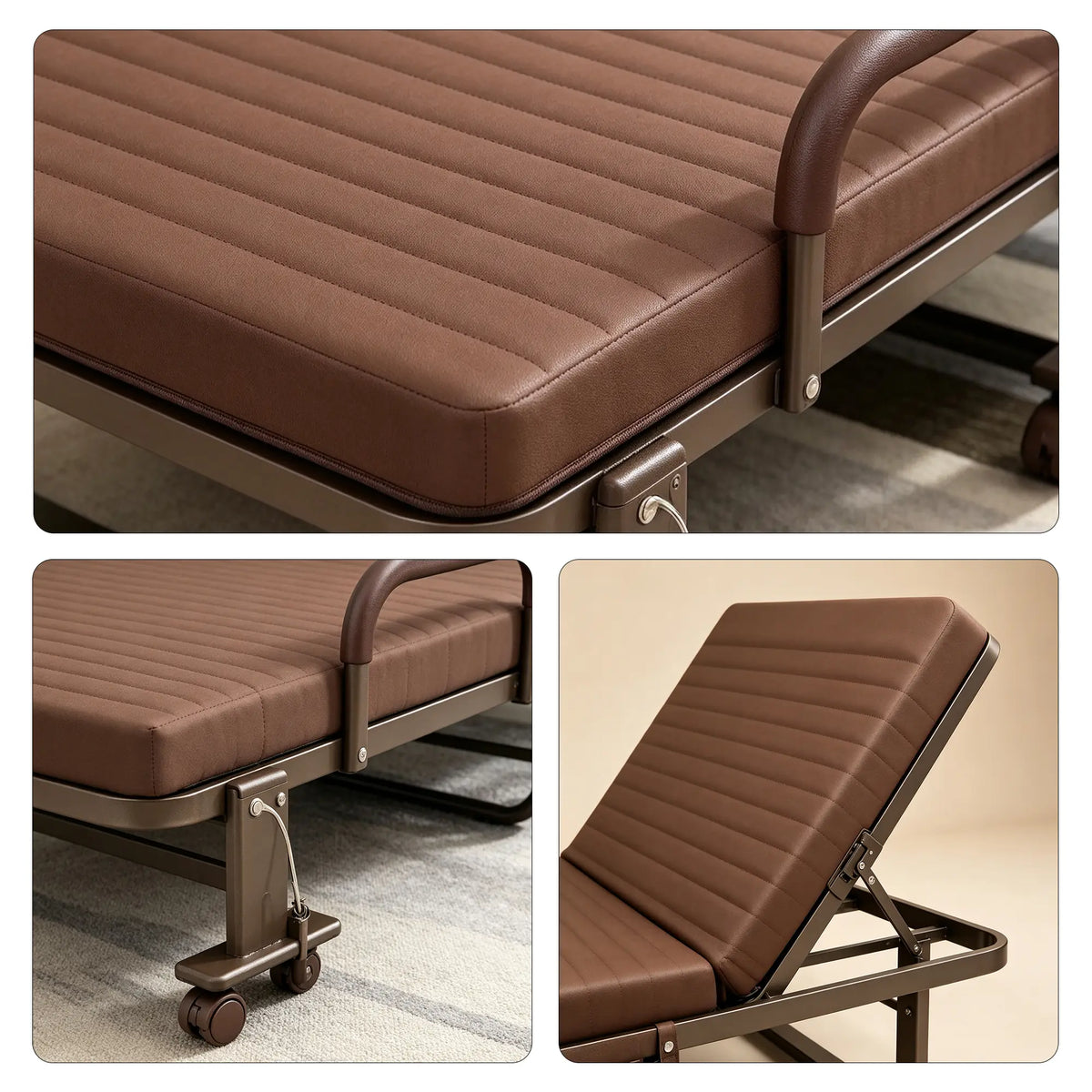 LIVARA Folding Single Bed Multi-Angle Adjustable Backrest, High-Resilience Foam & Steel Frame with Armrests - 192x90cm for Home & Office - Coffee