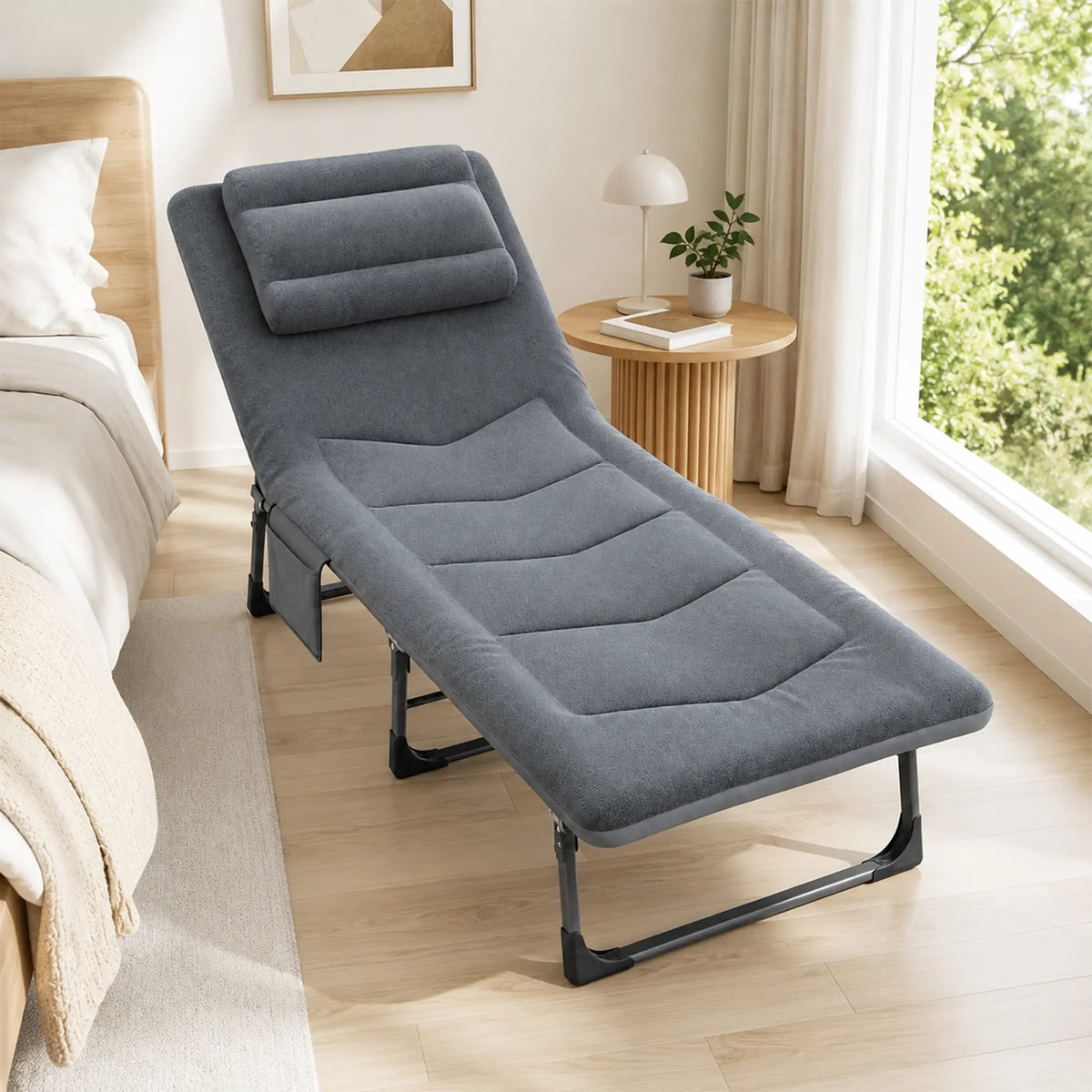 LIVARA Folding Lounge Bed 6-Position Adjustable Backrest, Soft Velvet Fabric & Integrated Pillow - 180x60cm Recliner for Home & Office - Grey