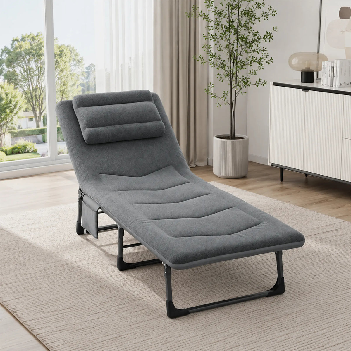 LIVARA Folding Lounge Bed 6-Position Adjustable Backrest, Soft Velvet Fabric & Integrated Pillow - 180x60cm Recliner for Home & Office - Grey
