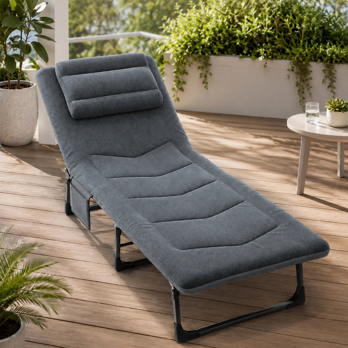LIVARA Folding Lounge Bed 6-Position Adjustable Backrest, Soft Velvet Fabric & Integrated Pillow - 180x60cm Recliner for Home & Office - Grey