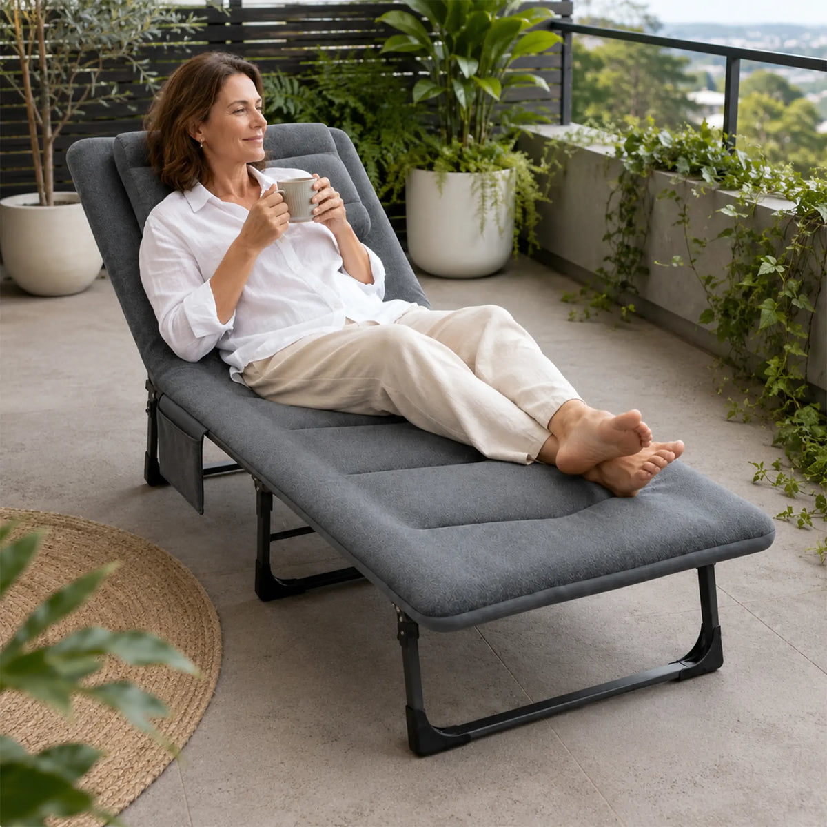 LIVARA Folding Lounge Bed 6-Position Adjustable Backrest, Soft Velvet Fabric & Integrated Pillow - 180x60cm Recliner for Home & Office - Grey