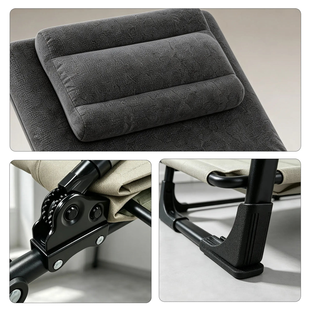 LIVARA Folding Lounge Bed 6-Position Adjustable Backrest, Soft Velvet Fabric & Integrated Pillow - 180x60cm Recliner for Home & Office - Grey