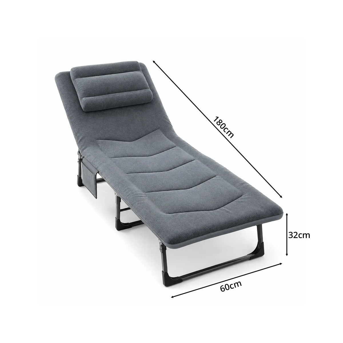 LIVARA Folding Lounge Bed 6-Position Adjustable Backrest, Soft Velvet Fabric & Integrated Pillow - 180x60cm Recliner for Home & Office - Grey