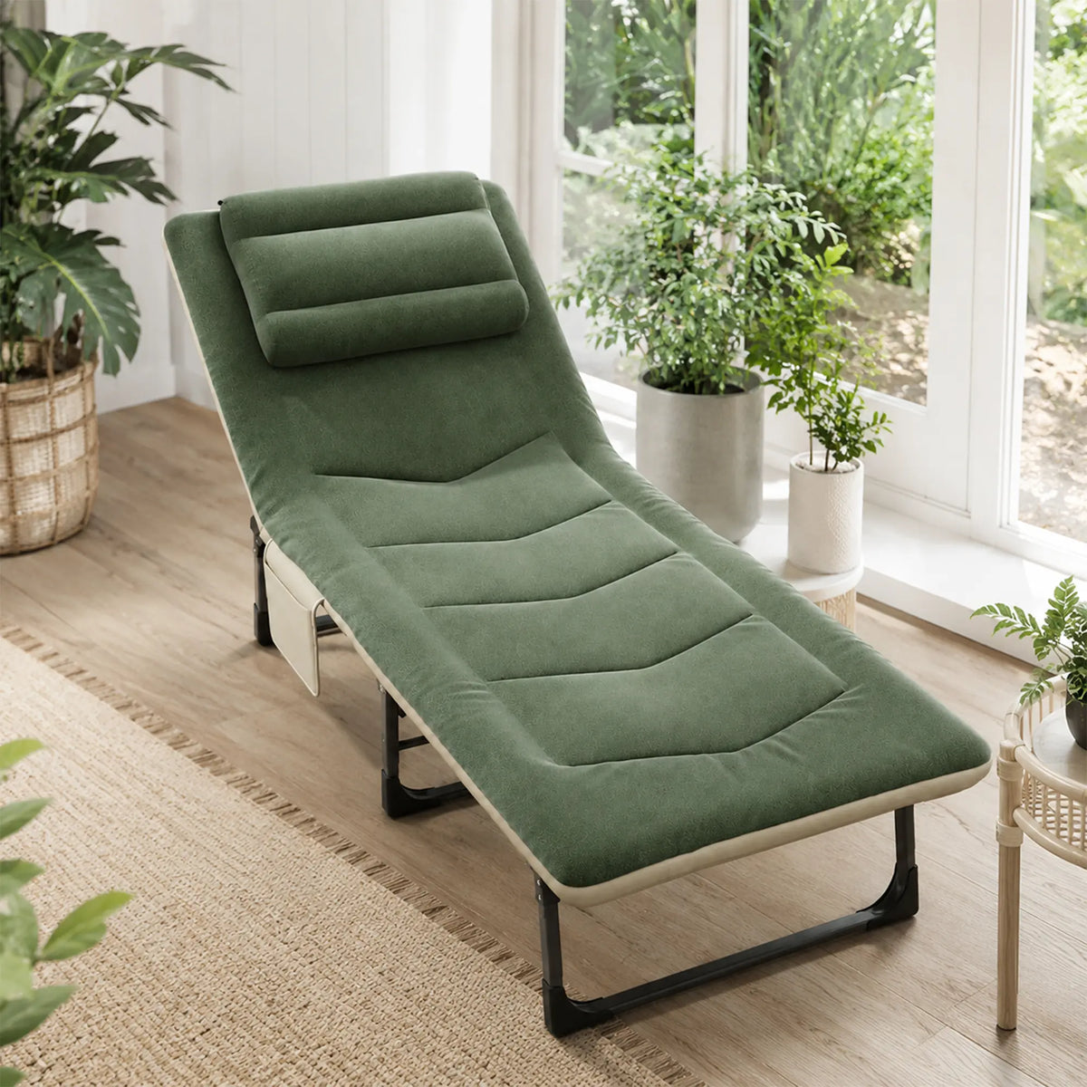 LIVARA Folding Lounge Bed 6-Position Adjustable Backrest, Soft Velvet Fabric & Integrated Pillow - 180x60cm Recliner for Home & Office - Green