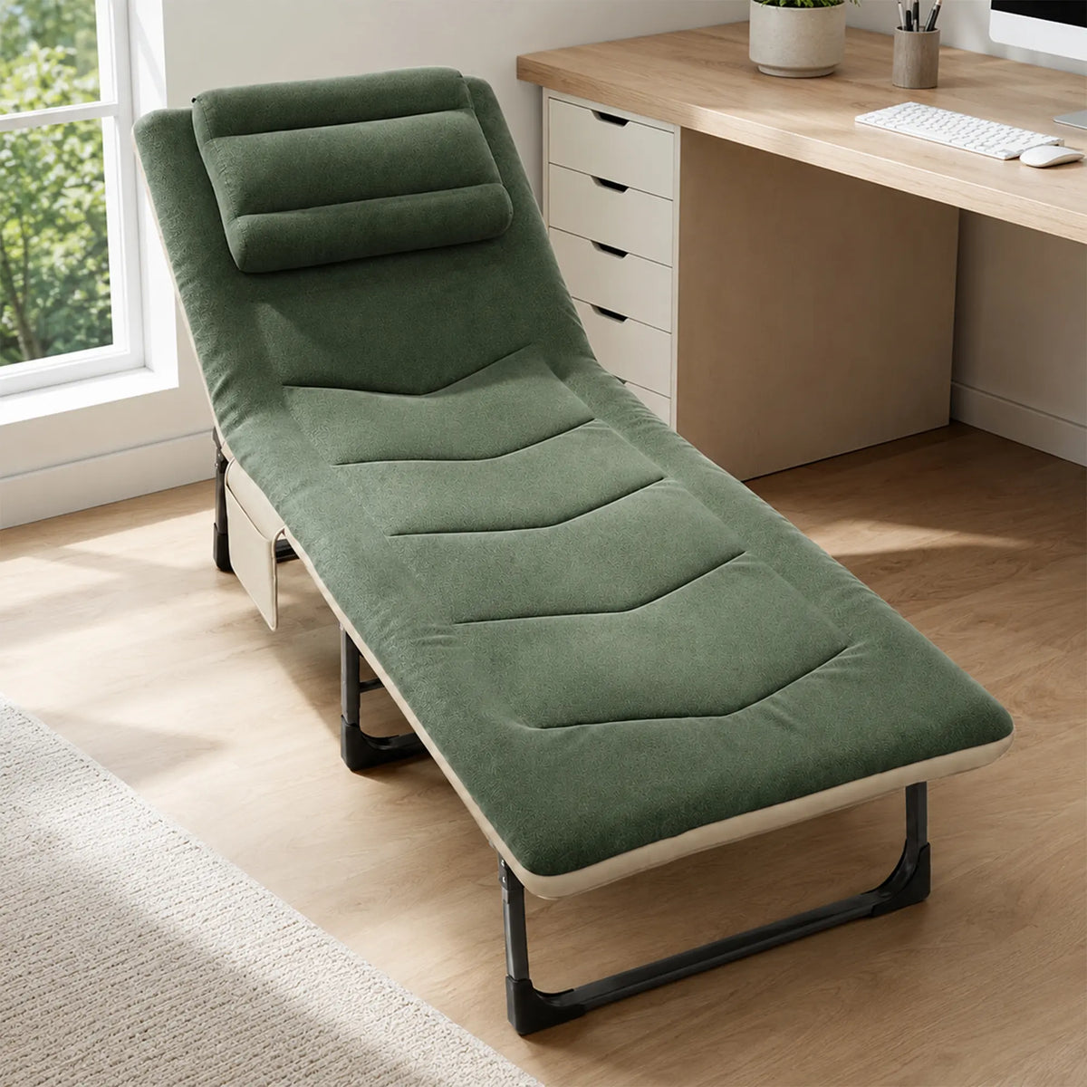 LIVARA Folding Lounge Bed 6-Position Adjustable Backrest, Soft Velvet Fabric & Integrated Pillow - 180x60cm Recliner for Home & Office - Green